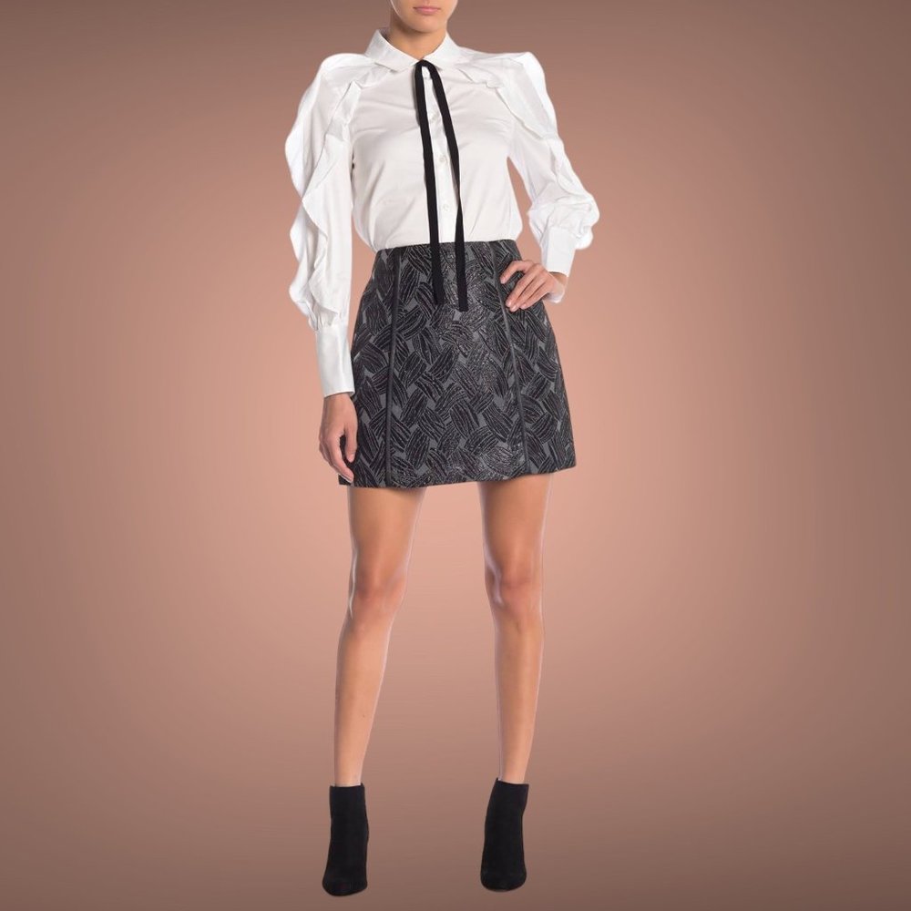 BCBG A-Line Mini Skirt Small S Black Desig Jacquard High Rise Lined Side Zipper